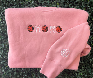 Basketball’s and bows Game Day Sweatshirt | basketball mom sweatshirt | croquette bows and basketballs sweatshirt | game day basketball sweatshirt
