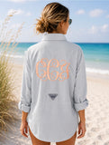 Custom embroidered monogram fishing shirts. Large personalized back monograms stitched on customer-provided fishing shirts. Perfect for beach trips, lake days, vacations, and gifts.