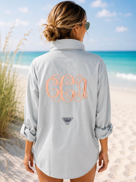 Custom embroidered monogram fishing shirts. Large personalized back monograms stitched on customer-provided fishing shirts. Perfect for beach trips, lake days, vacations, and gifts.