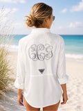 Custom embroidered monogram fishing shirts. Large personalized back monograms stitched on customer-provided fishing shirts. Perfect for beach trips, lake days, vacations, and gifts.