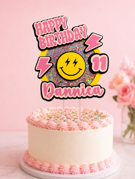 Custom smiley face 3D shaker birthday cake topper personalized with name and age featuring layered cardstock design and colorful shaker details.
