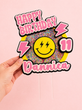 Custom smiley face 3D shaker birthday cake topper personalized with name and age featuring layered cardstock design and colorful shaker details.