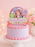 Personalized spa day birthday cake topper featuring custom name and age with layered cardstock design, shaker elements, spa-themed decorations, and acrylic cake stakes.