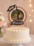 Custom photo 3D shaker cake topper featuring a personalized photo, graduation year, and custom name with layered cardstock construction and acrylic cake stakes.
