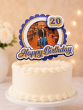 Personalized photo birthday cake topper featuring a custom photo, age number, and layered cardstock design with acrylic cake stake for birthdays and milestone celebrations.
