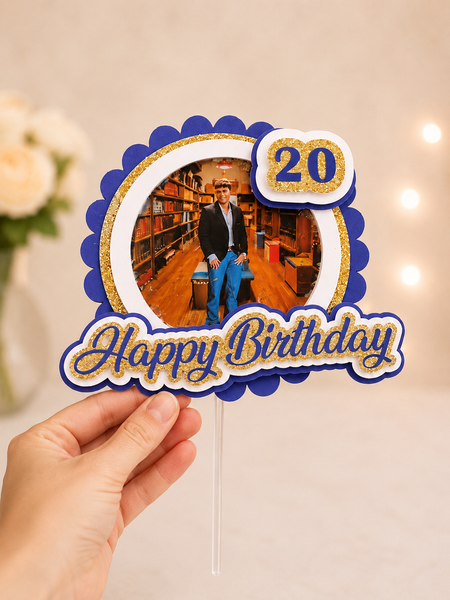 Personalized photo birthday cake topper featuring a custom photo, age number, and layered cardstock design with acrylic cake stake for birthdays and milestone celebrations.