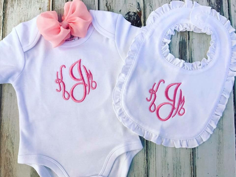 3 piece monogrammed onesie and bib set