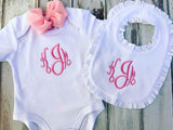 3 piece monogrammed onesie and bib set