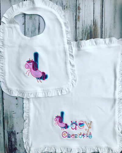 Custome Unicorn ruffled bib and lovey