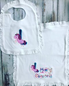 Custome Unicorn ruffled bib and lovey