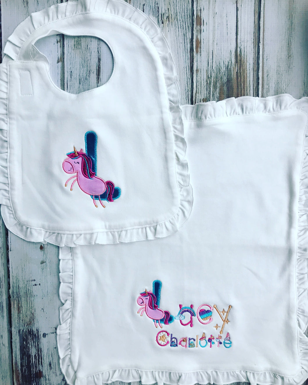 Custome Unicorn ruffled bib and lovey