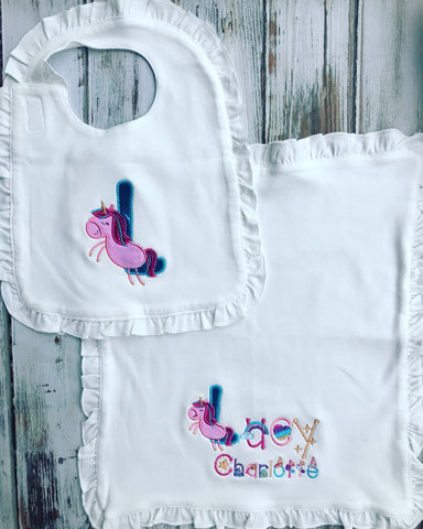 Custome Unicorn ruffled bib and lovey