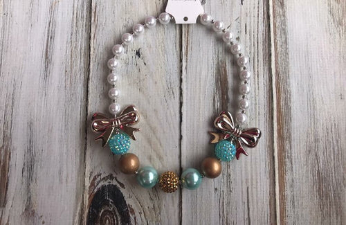 Chunky bead necklace, gold and Aqua, fall necklace