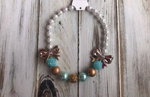 Chunky bead necklace, gold and Aqua, fall necklace